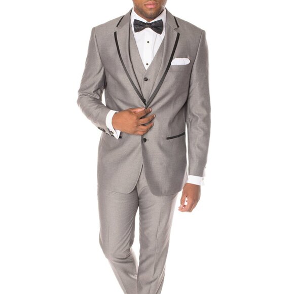 Mens Button Satin Trim Prom Tuxedo in Grey Black